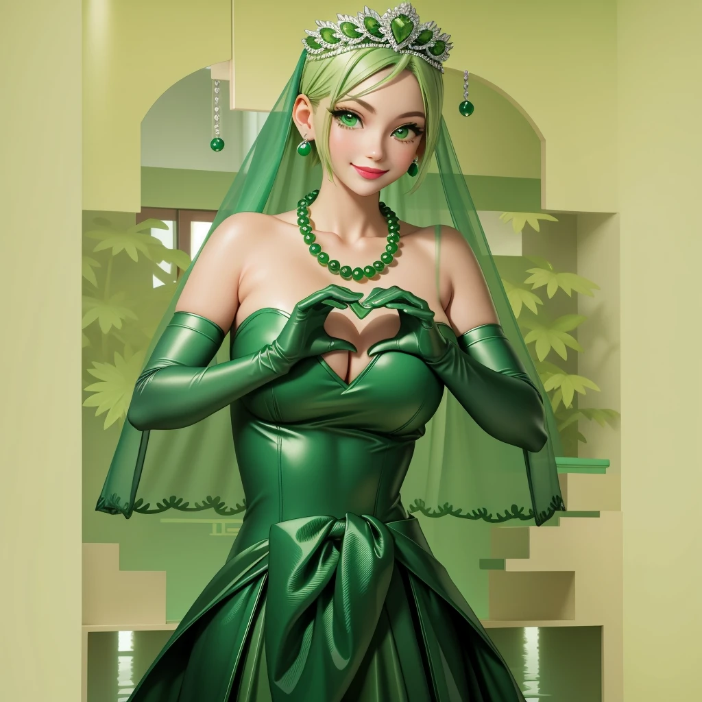 Emerald tiara, Green Pearl Necklace, ボーイッシュな非常に短いGreen Hair, Green Lips, Smiling Japanese woman, Very short hair, Busty beautiful lady, Green Eyes, Green satin long gloves, Green Eyes, Emerald Earrings, Green veil, Heart with both hands, Green Hair, Beautiful Japanese Women, Heart shaped hands:1.3, green lip gloss