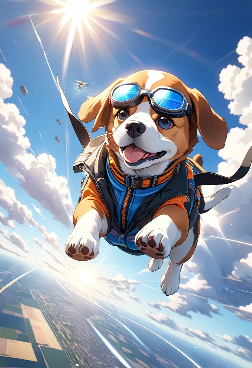 (ultra illustrated style:1.5),best quality,best animated,masterpiece,ray tracing, global illumination,beagle puppy wearing goggles and a jacket flying in the sky, sky diving, falling through the air at high speed,blue sky and clouds and sun, speed line, Dynamic Motion Blur, Cinema Lighting, Dynamic action scenes