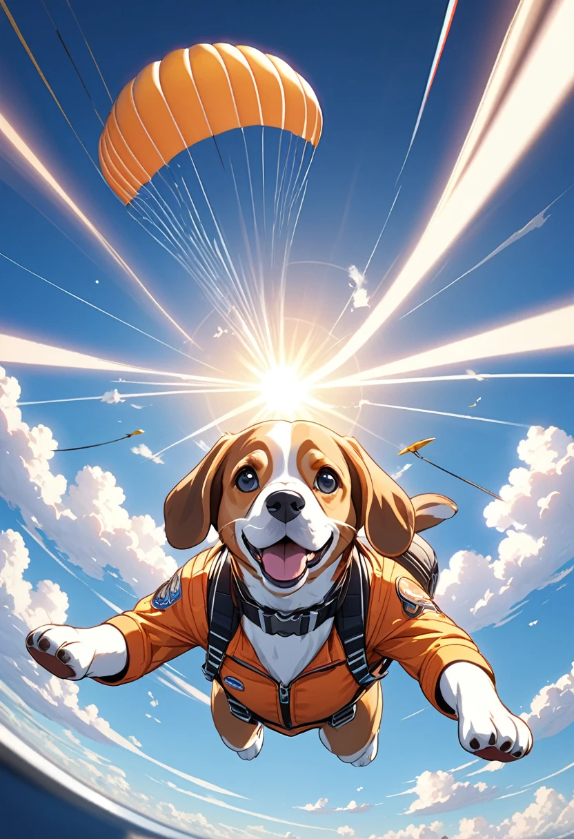 (ultra illustrated style:1.5),best quality,best animated,masterpiece,ray tracing, global illumination,beagle puppy wearing goggles and a jacket flying in the sky, sky diving, falling through the air at high speed,blue sky and clouds and sun, speed line, Dynamic Motion Blur, Cinema Lighting, Dynamic action scenes