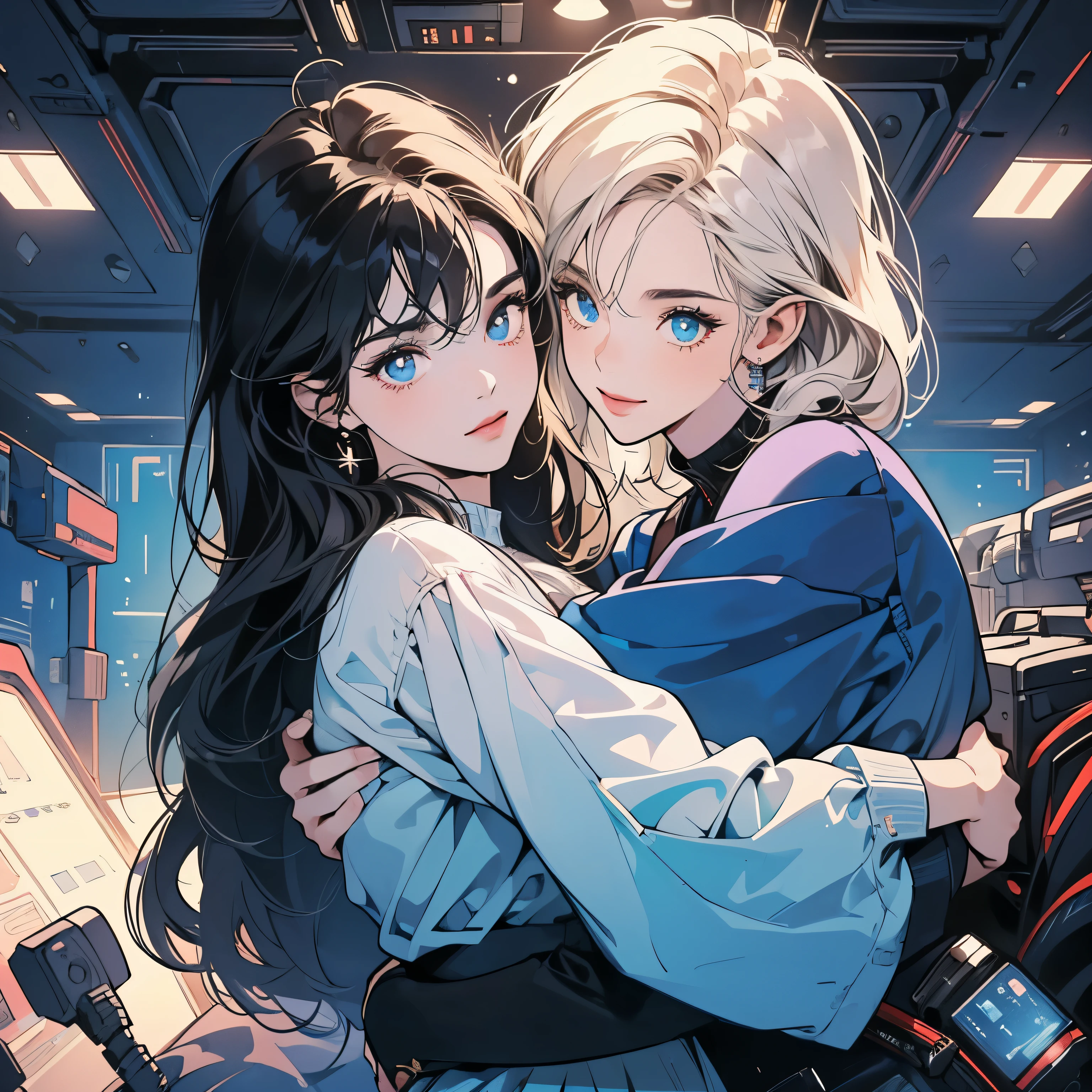 (((beautiful "Two Women" Rely on each other))), In spaceships, Perfect Machine,  Perfect face, Zero Gravity, Outer Space, Lots of wires, switchboard, Perfect and detailed machine, Fine hair, (((Various angles))), most beautiful woman, (((head shot))) , Ultra detailed background, Top quality,Various unique hairstyles, Ghost in the Shell, Sparkling eyes, 背景为Outer Space, Unique and Perfect face, Pale Light,  (((Various eye colors))),(((Hug from behind))