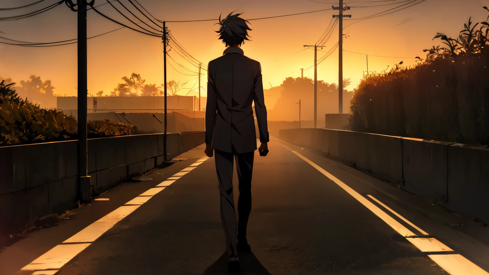 An anime boy walking alone on a deserted, dimly lit road at night, surrounded by shadows and mist.