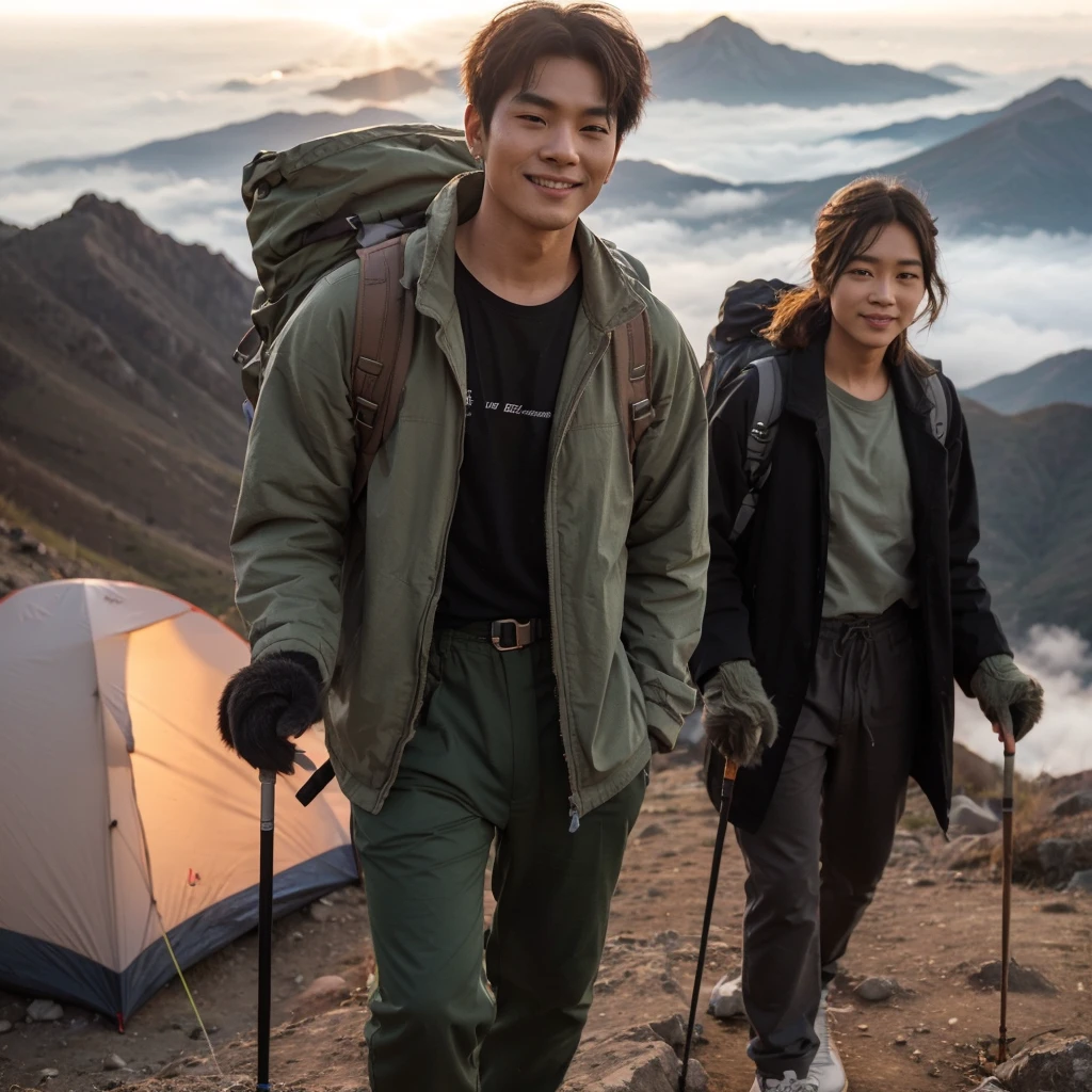 Photography profesional, handsome Korean man with short hair, Wearing a blush green jacket, black t-shirt, long pants jeans hijau tua,sneakers, walk up the mountain, with a backpack,stick,dan gloves,in the company of beautiful Korean women, wearing a black coat, white shirt, long pants,sport shoes,gloves, stick,back at the top of Mount Mahameru,seen from above,there is a tent installed ,with smoke, sunset atmosphere,front view bokeh, smile,
