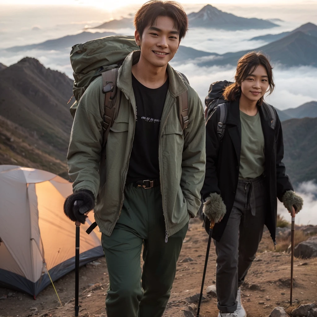 Photography profesional, handsome Korean man with short hair, Wearing a blush green jacket, black t-shirt, long pants jeans hijau tua,sneakers, walk up the mountain, with a backpack,stick,dan gloves,in the company of beautiful Korean women, wearing a black coat, white shirt, long pants,sport shoes,gloves, stick,back at the top of Mount Mahameru,seen from above,there is a tent installed ,with smoke, sunset atmosphere,front view bokeh, smile,