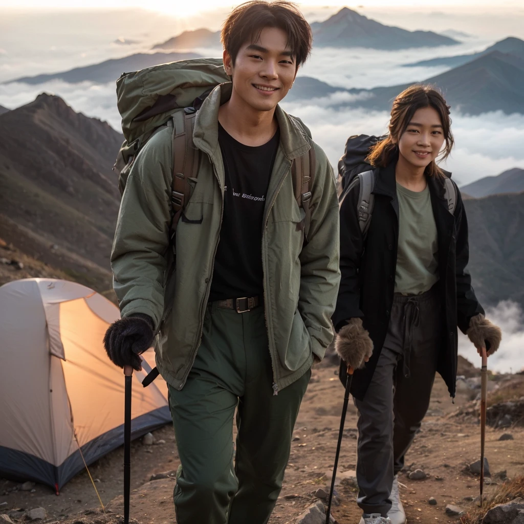 Photography profesional, handsome Korean man with short hair, Wearing a blush green jacket, black t-shirt, long pants jeans hijau tua,sneakers, walk up the mountain, with a backpack,stick,dan gloves,in the company of beautiful Korean women, wearing a black coat, white shirt, long pants,sport shoes,gloves, stick,back at the top of Mount Mahameru,seen from above,there is a tent installed ,with smoke, sunset atmosphere,front view bokeh, smile,