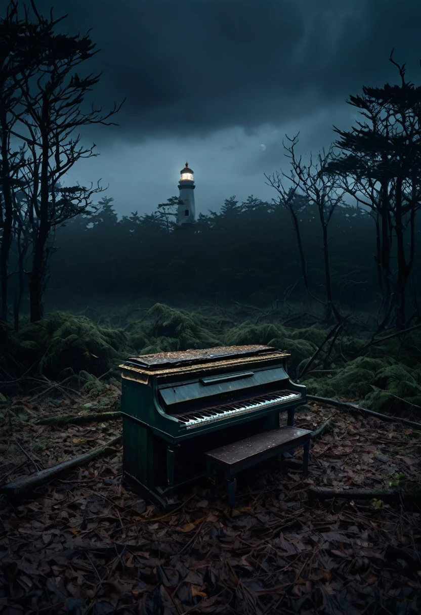 A broken piano far away on a dark forest, sorrounded by fog and dark clouds, nightime. A lighthouse can be seen on the back.