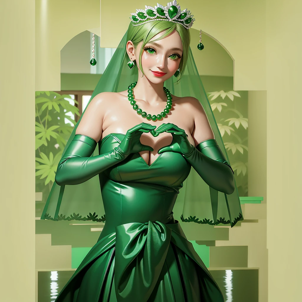 Emerald tiara, Green Pearl Necklace, ボーイッシュな非常に短いGreen Hair, Green Lips, Smiling Japanese woman, Very short hair, Busty beautiful lady, Green Eyes, Green satin long gloves, Green Eyes, Emerald Earrings, Green veil, Heart with both hands, Green Hair, Beautiful Japanese Women, Heart shaped hands:1.3, green lip gloss, Pregnant women