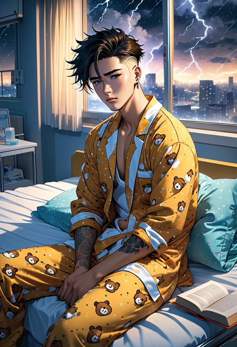 Handsome 25 year old anime male, falling a sleep atop his hospital bed/handsome male, face piercings, scars, short spiked black longish hair with a undercut, freckles, wearing honey bear print pajamas, luxurious futuristic expensive hospital room, a book sits to the side , night time, storm raging outside window