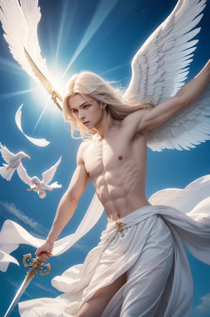 an angel flying through the sky with a sword in his hand, ethereal angelic being of light, an angel of the dawn light, angel spiritual guide, of beautiful angel, angel protecting man, glowing angelic being, super wide angel, angelic, angelical, big angel wings wide open, archangel michael, angelic light, beautiful angel, archangel