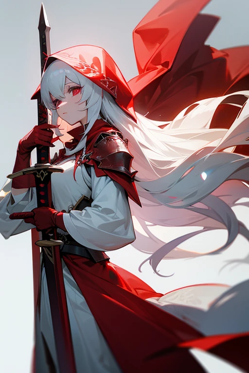 1 long-haired albino female knight, Wearing a red hood、Long Sword、Beauty、Rin々Successfully、