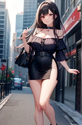 game , Nikke, the goddess of victory, Neat , Black Hair,  Captivating eyes ,beautiful face , Crystal red eyes ,  Long Hair , Off-the-shoulder tops and Korean-style ruffled blouses , blue , Cleavage,White plain ribbed knit pencil skirt ,Selfie style, Only 1 handbag,,G-cup breasts, Narrow waist, Captivating thighs, 5 fingers on each hand, both hands ,2 Foot , city, date, Are standing, beautiful, High heels, Dawn, Recreational Park,