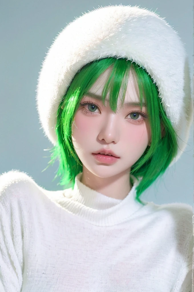 HDR, UHD,64K, nokiapretty, color white sweather, black background, greenhair