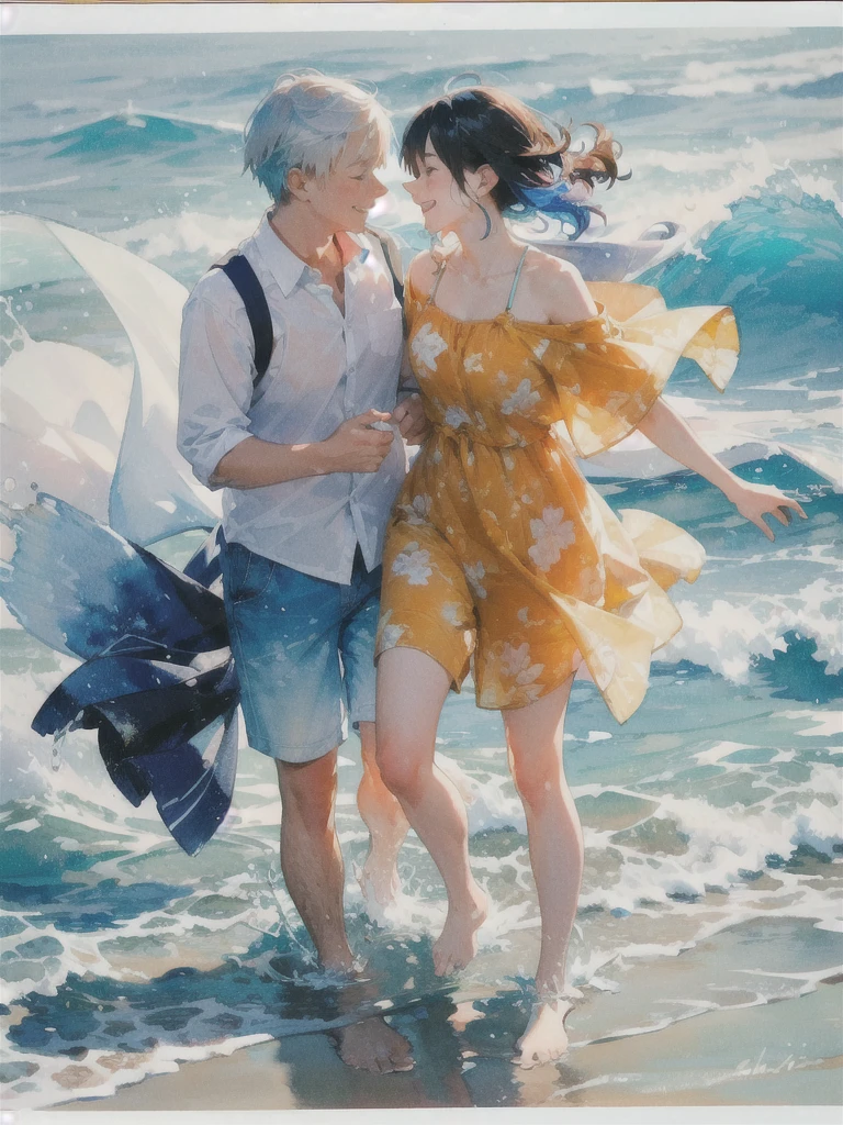 (1 couple:1.5),seaside,many,watercolor,fish,Water Waves,Water Splash,birch,Fast fingers interlocked,Look at each other,Rich gradients,extreme colors,extreme details,Clear light perception, rich and colorful,Elegant atmosphere