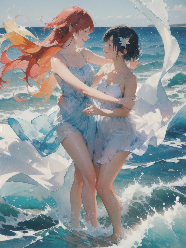 (1 couple:1.5),seaside,many,watercolor,fish,Water Waves,Water Splash,birch,Fast fingers interlocked,Look at each other,Rich gradients,extreme colors,extreme details,Clear light perception, rich and colorful,Elegant atmosphere