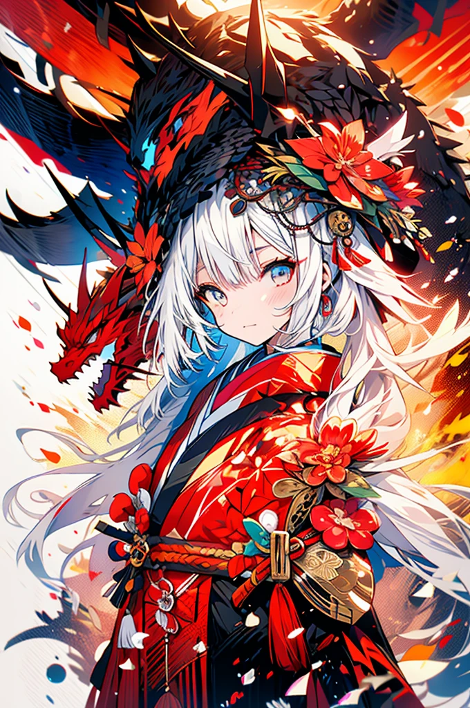 Woman Cute Kimono Uniform Sword Dragon Mountain White Hair 