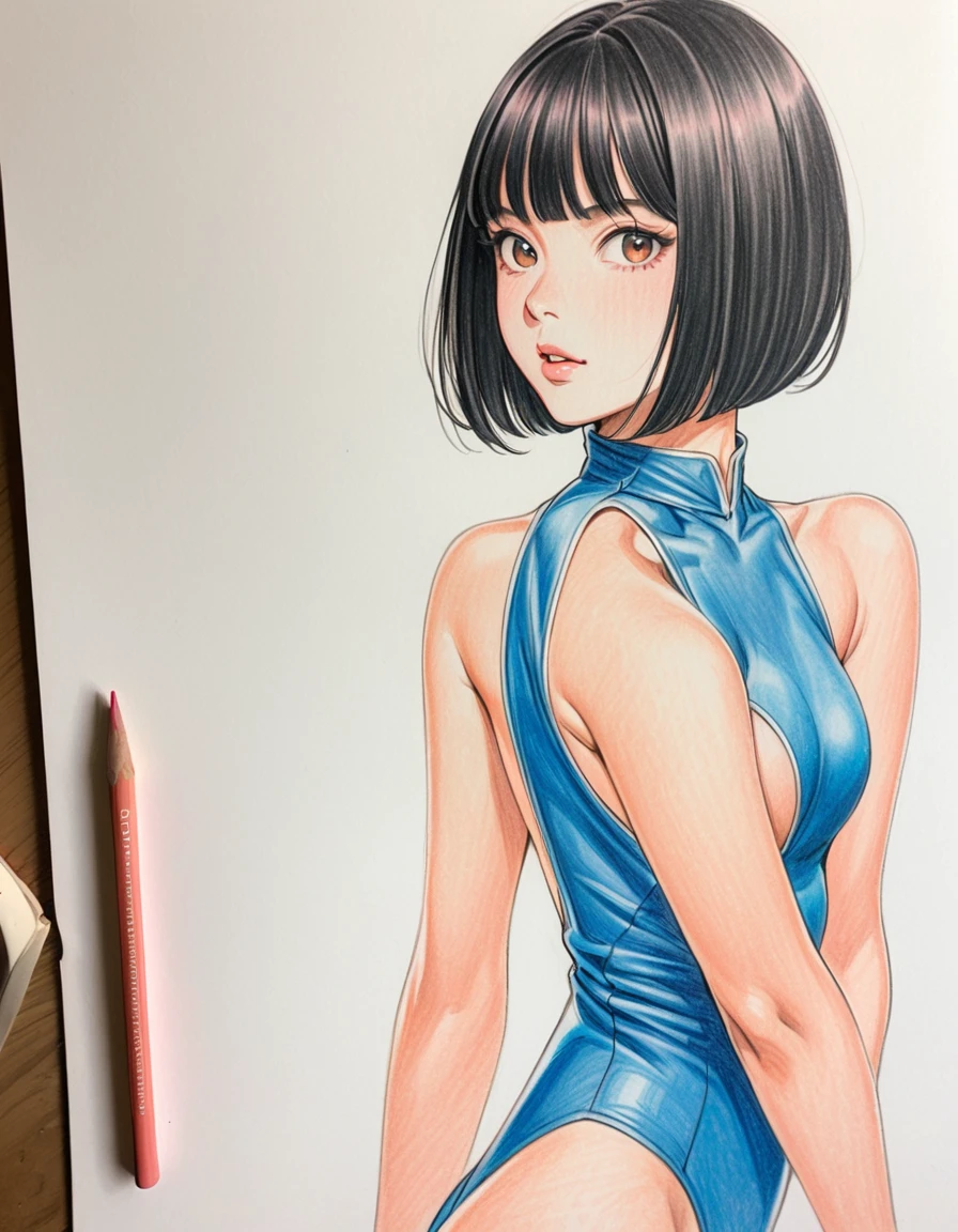 female, leotard, white background, Art, ad, colour pencil drawing, illustration, bob cut