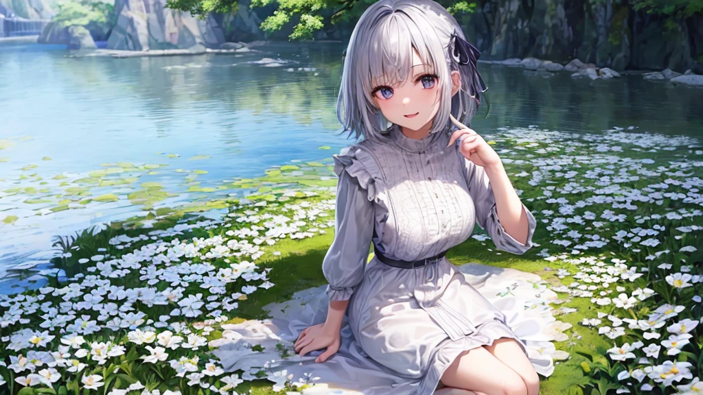 Ultra HD,Look at the viewers, Put your hands behind your back, With a girl, 20-year-old, 非常にShort Hair, Long bangs between the eyes, Pale blue eyes, Very detailed,(masterpiece、Highest quality),Gray Hair、Laughter、Fantastic, Silver Hair, Iris, Short hair、 Fluttering Hair、Small Face、明るいsmile、(Detailed face) ,Professional Lighting,Wonderful landscape,blue sky, sunlight,Looking down from above,Portraiture、Open your mouth、Flower Field、Her eyes were shining、Mysterious and enchanting atmosphere。With AI Painting、とてもShort Hair, Long bangs between the eyes, Very detailed,(masterpiece、Highest quality)、alone、Gray Hair、Fantasy, Silver Hair, Fantasyな風景、smile、Open your mouth、short hair、Short Hair、hairpin、black eye、Grey Eyes、Beautiful Eyes、Black Shirt、White hoodie