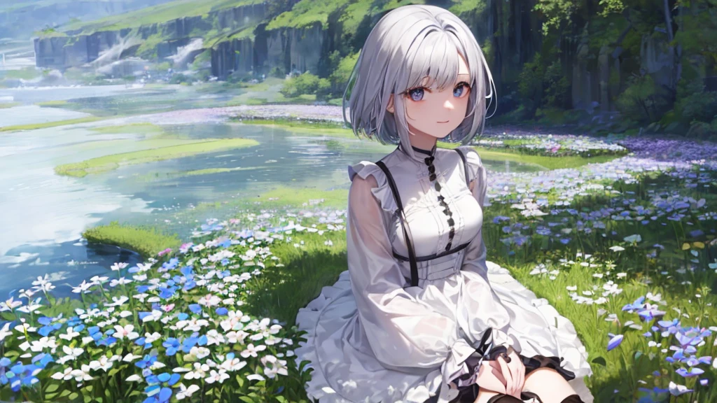 Ultra HD,Look at the viewers, Put your hands behind your back, With a girl, 20-year-old, 非常にShort Hair, Long bangs between the eyes, Pale blue eyes, Very detailed,(masterpiece、Highest quality),Gray Hair、Laughter、Fantastic, Silver Hair, Iris, Short hair、 Fluttering Hair、Small Face、明るいsmile、(Detailed face) ,Professional Lighting,Wonderful landscape,blue sky, sunlight,Looking down from above,Portraiture、Open your mouth、Flower Field、Her eyes were shining、Mysterious and enchanting atmosphere。With AI Painting、とてもShort Hair, Long bangs between the eyes, Very detailed,(masterpiece、Highest quality)、alone、Gray Hair、Fantasy, Silver Hair, Fantasyな風景、smile、Open your mouth、short hair、Short Hair、hairpin、black eye、Grey Eyes、Beautiful Eyes、Black Shirt、White hoodie