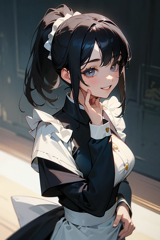(Highest Resolution, clear_image) Highest quality, single, One Woman, alone, masterpiece, Very detailed, Semi-realistic, Black Hairのショートヘア, Black Hair, bangs, 18-year-old, mature, light blue uniform, uniform, Indoor Background, kind, Authoritative, Powerful, exquisite features, exquisite features、Eyelashes become longer、Showing teeth、smile😀、Maid clothes、ponytail、