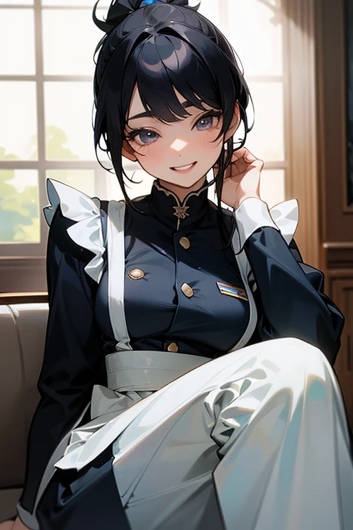 (Highest Resolution, clear_image) Highest quality, single, One Woman, alone, masterpiece, Very detailed, Semi-realistic, Black Hairのショートヘア, Black Hair, bangs, 18-year-old, mature, light blue uniform, uniform, Indoor Background, kind, Authoritative, Powerful, exquisite features, exquisite features、Eyelashes become longer、Showing teeth、smile😀、Maid clothes、ponytail、