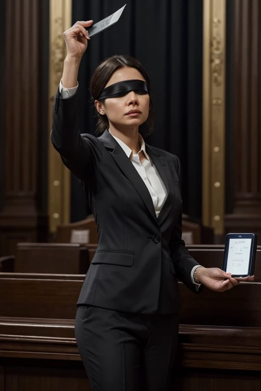 a lady She is dressed in a modern, tailored dark grey suit with a white blouse, standing confidently. She wears a blindfold, and holding a scale in her hand raised over head , justice, zodiac libra sign, Her expression is calm and resolute. The background features a grand courtroom,