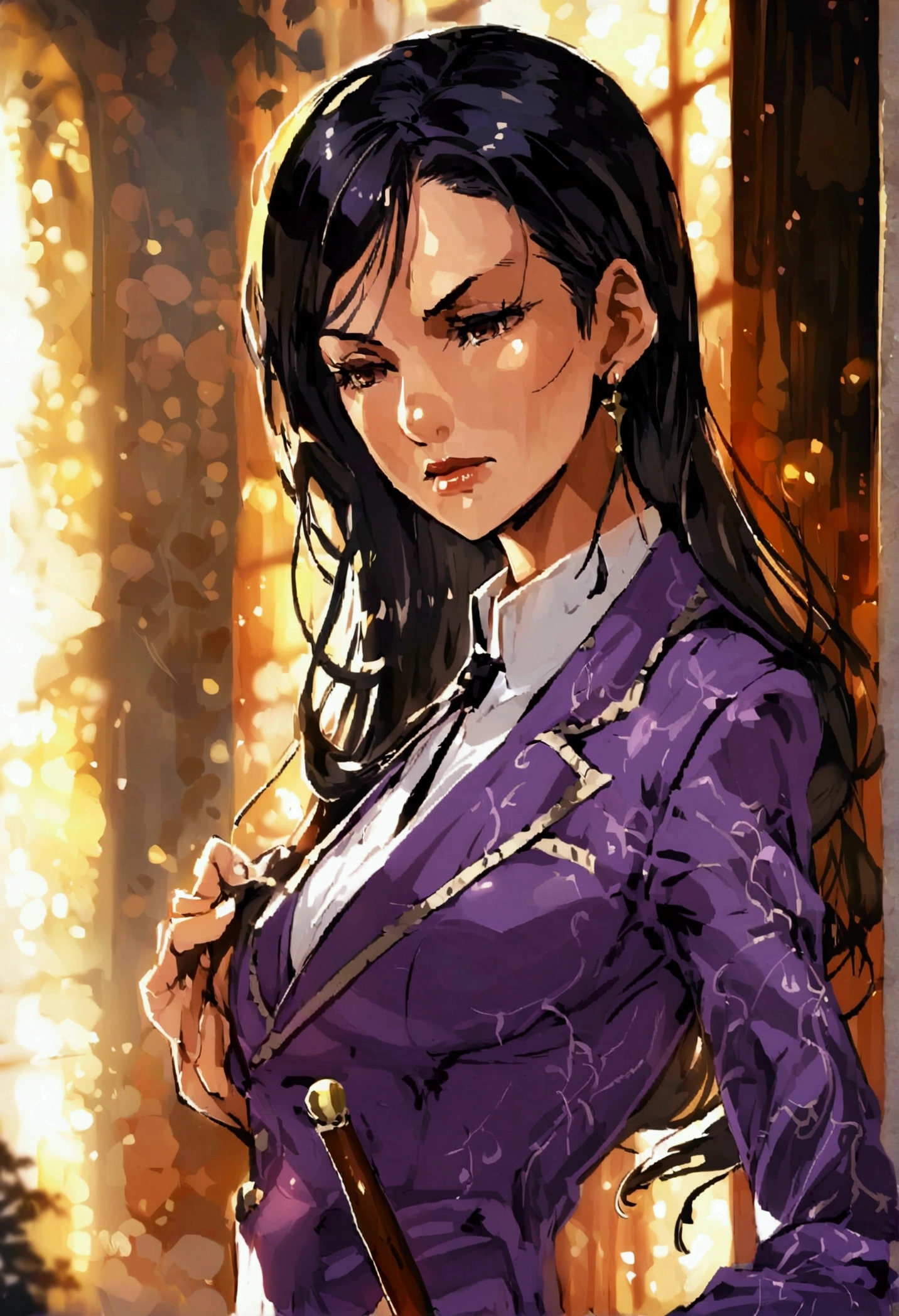 (Black long hair),Simple and capable,((purple suit)),30-year-old female,Mature,teacher,Holding a teaching stick in hand,Illustration style