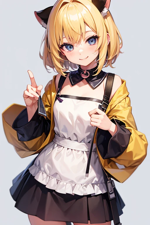 Cute anime girl with short blonde hair, with a super normal outfit smiling.