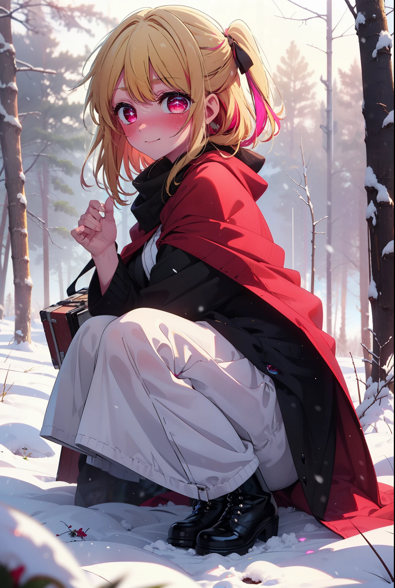 rubyhoshino, Hoshino Ruby, Long Hair, bangs, blonde, (Pink Eyes:1.3), Side Lock, (Symbol-shaped pupil:1.5), Multicolored Hair, Two-tone hair, smile,,smile,blush,white breath,
Open your mouth,snow,Ground bonfire, Outdoor, boots, snowing, From the side, wood, suitcase, Cape, Blurred, , forest, White handbag, nature, Squat, Mouth closed, Cape, winter, Written boundary depth, Black shoes, red Cape break looking at viewer, Upper Body, whole body, break Outdoor, forest, nature, break (masterpiece:1.2), Highest quality, High resolution, unity 8k wallpaper, (shape:0.8), (Beautiful and beautiful eyes:1.6), Highly detailed face, Perfect lighting, Extremely detailed CG, (Perfect hands, Perfect Anatomy),
