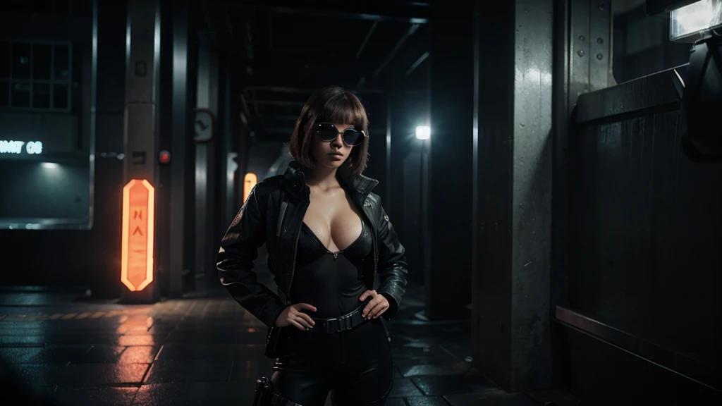 Blade Runner style futuristic city street, at night. (((1girl, solo, alone))), large-breast:1.2 slim:0.8 body, medium hair, cleavage:1.1, sexy micro laced lingerie with jacket, (black sunglasses), ((she raised a pistol:1.8 and shot the viewer)), standing pose, ((half-body thigh:0.95 level medium shot)), cinematic lighting, lens flare, ray tracing.