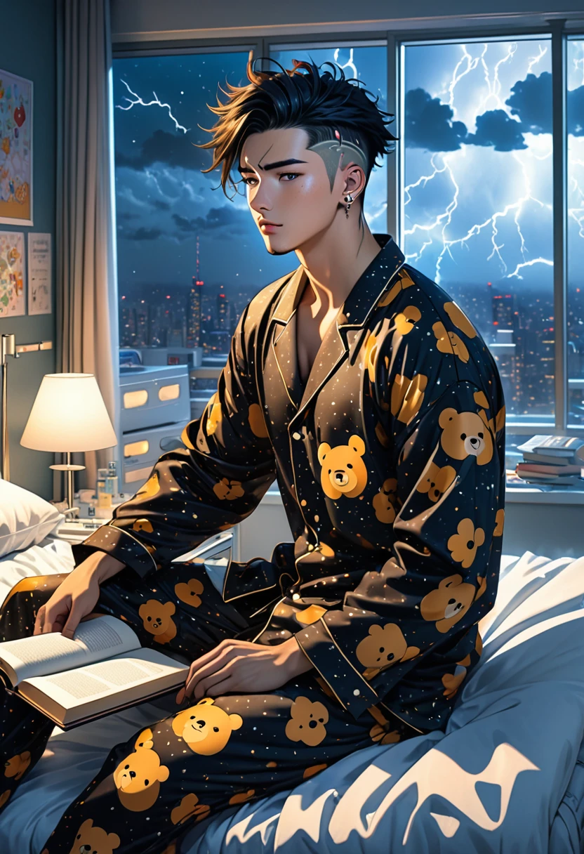 Handsome 25 year old anime male, falling a sleep atop his hospital bed/handsome male, face piercings, scars, short spiked black longish hair with a undercut, freckles, wearing honey bear print pajamas, luxurious futuristic expensive hospital room, a book sits to the side , night time, storm raging outside window