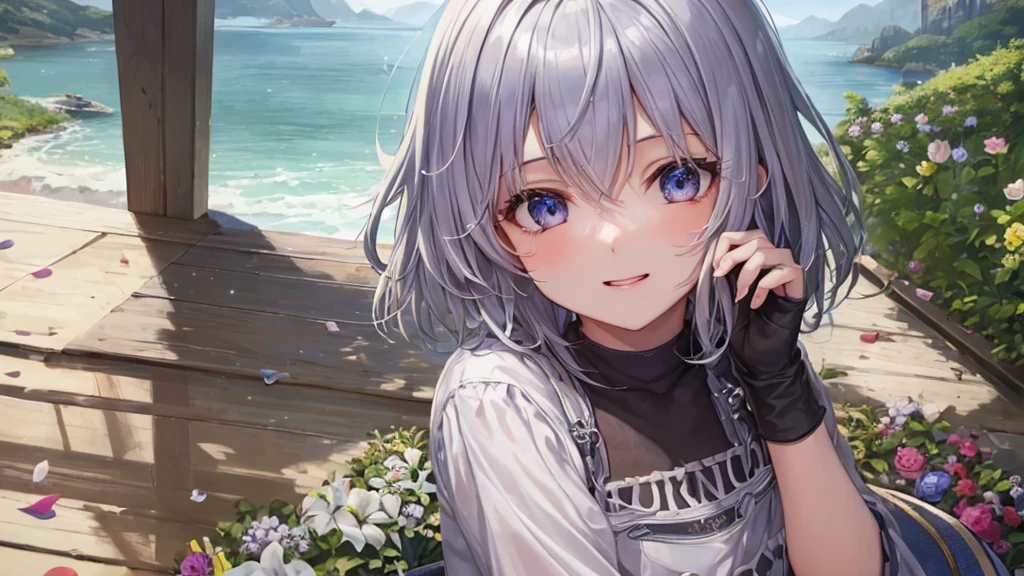 Ultra HD,Look at the viewers, Put your hands behind your back, With a girl, 20-year-old, 非常にShort Hair, Long bangs between the eyes, Pale blue eyes, Very detailed,(masterpiece、Highest quality),Gray Hair、Laughter、Fantastic, Silver Hair, Iris, Short hair、 Fluttering Hair、Small Face、明るいsmile、(Detailed face) ,Professional Lighting,Wonderful landscape,blue sky, sunlight,Looking down from above,Portraiture、Open your mouth、Flower Field、Her eyes were shining、Mysterious and enchanting atmosphere。With AI Painting、とてもShort Hair, Long bangs between the eyes, Very detailed,(masterpiece、Highest quality)、alone、Gray Hair、Fantasy, Silver Hair, Fantasyな風景、smile、Open your mouth、short hair、Short Hair、hairpin、black eye、Grey Eyes、Beautiful Eyes、Black Shirt、White hoodie