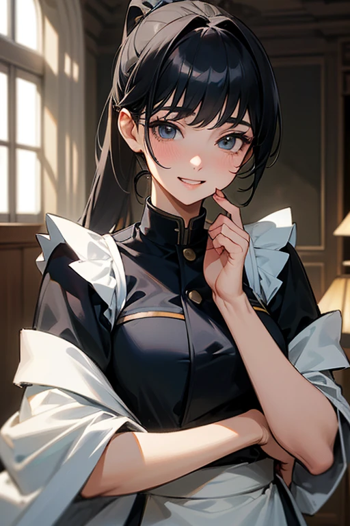 (Highest Resolution, clear_image) Highest quality, single, One Woman, alone, masterpiece, Very detailed, Semi-realistic, Black Hairのショートヘア, Black Hair, bangs, 18-year-old, mature, light blue uniform, uniform, Indoor Background, kind, Authoritative, Powerful, exquisite features, exquisite features、Eyelashes become longer、Showing teeth、smile😀、Maid clothes、ponytail、