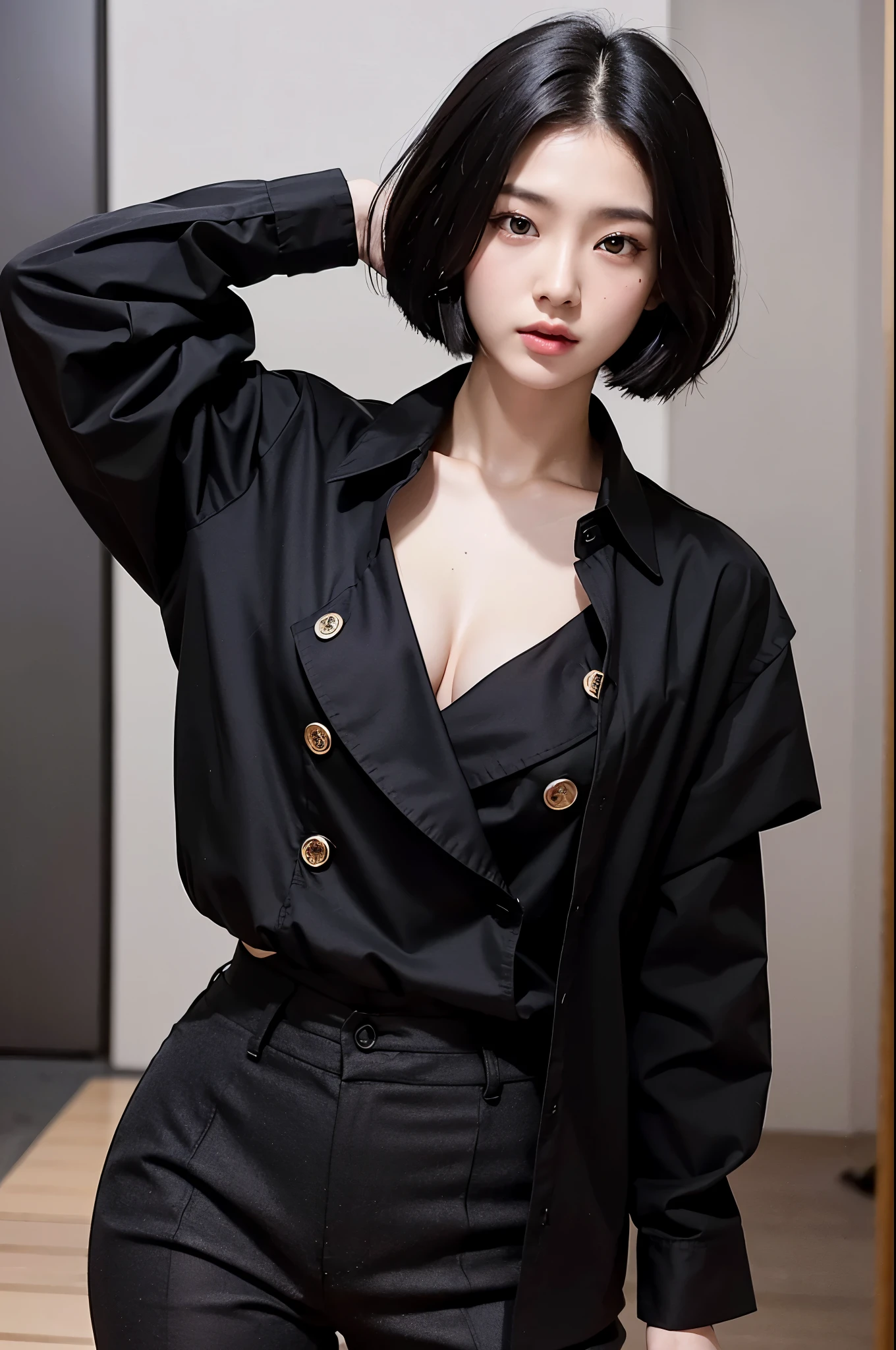 8k、alone、16 year old big breasted beauty,Super Beauty(Like the real thing),Iris,super beautiful ager,Black short bob hair,黒と赤のSexy Exterior,Black trousers,Golden decoration,長くて大きなJapanese sword,Demon Slayer: Androgynous Beauty,What&#39;s left behind,A wonderful work of art、Wind effects:1.9、Cloud Effect:1.2、Full Rendering、Caustic soda coating、Unreal Engine、Japanese sword 1本,Cool beauty,Ultra-high resolution,super 超Realistic Skin,Ultra-precise hand-crafted detailing,１Japanese sword,smile,Photorealistic RAW photos of the highest quality。Backlight, Cinema Lighting, Film Grain, 50mm lens, Nikon D850,Realistic Skin,Fantasy art,Character Art,Ultra-high resolution,Muscular and slim body,Muscular and lean lower body,Precise facial details,What&#39;s left behind,Perfect hands,Cool sexy beauty,landscape,A lot of thick red smoke(largely),Ultra-realistic smoke,Extremely ripped abs,Muscular Beauty,Very large breasts,Sexy Exterior,Wide open chest,Body balance,smile,Makeup,Accentuate your cleavage,