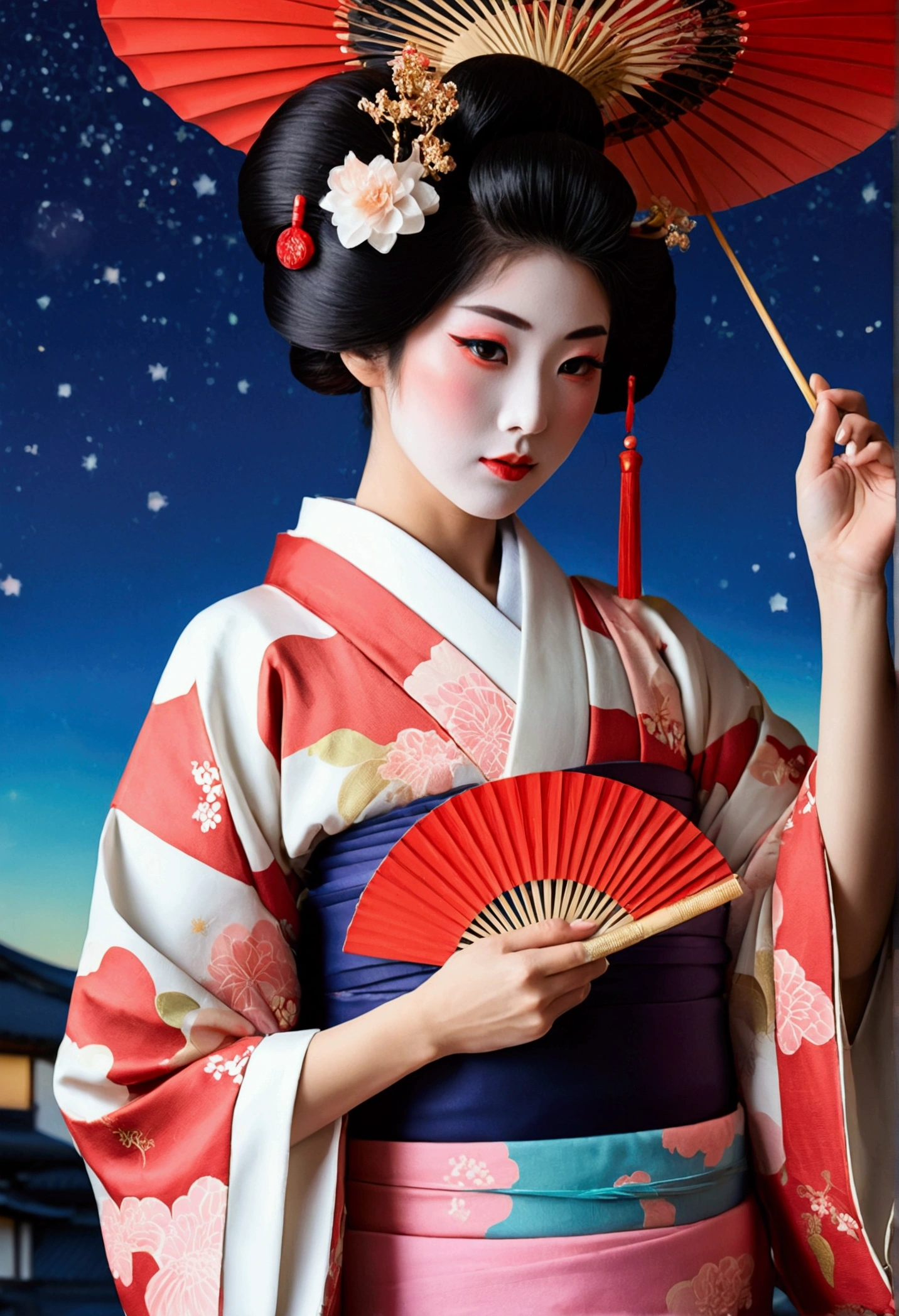 24k,High quality masterpiece, landscape, cloud, Bright starry sky. Traveler, Romantic Light, Pixiv, Concept Art, Lofi Art Style, reflection. Roffie Art, Beautiful anime scene, Anime landscape, Detailed landscape — width 672, Enhanced Details. change, Leprechaun,A woman in a kimono holding a folding fan and a uchiwa fan, Traditional Japanese, Japanese style, Japanese Goddess, glamorous and sexy geisha, japanese geisha, Traditional beauty, in kimono, geisha, beauty geisha, Inspired by Fujiwara Takanobu, traditional geisha clothing, geisha makeup, organic seductive geisha, geisha make up