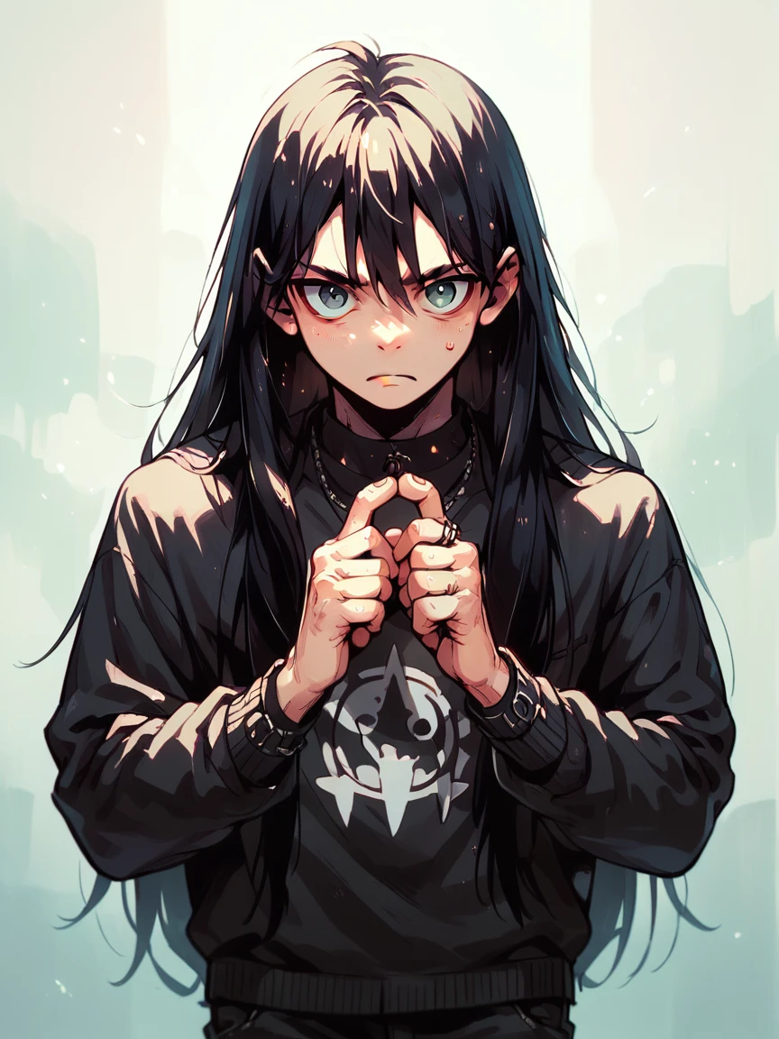 score_9, score_8_up, score_7_up, score_6_up, 1boy, ???, long hair, g4n1m3, smooth anime, holding a knuckle brass