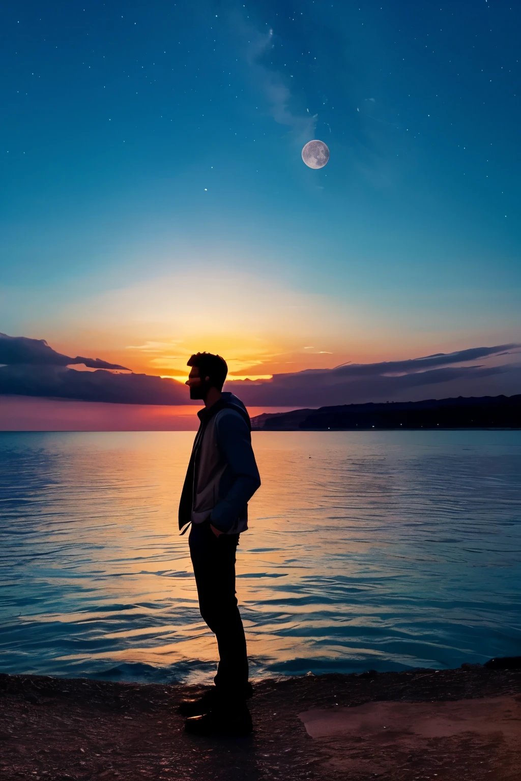 creer un personnage de dos un homme avec un beau paysage plein de couleurs, avec un ciel etoilé et des nuages un coucher de soleil et la lune visible, magnifique