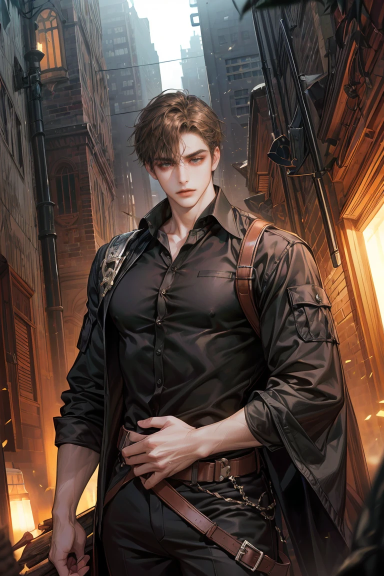 (absurdres, highres, ultra detailed, original character, HDR), 1 boy, solo, young man, handsome, ((tall muscular guy, broad shoulders)), finely detailed eyes, (dark brown hair), hair between eyes, brown eyes, apocalypse, casual outfit, ((assassin)), body strap, (body tight black shirt), ((large man breasts)), (cowboy shot), dutch angle, face focused, apocalypse alley scenery, dystopian city, closed mouth, looking at viewer, depth of field, bokeh
