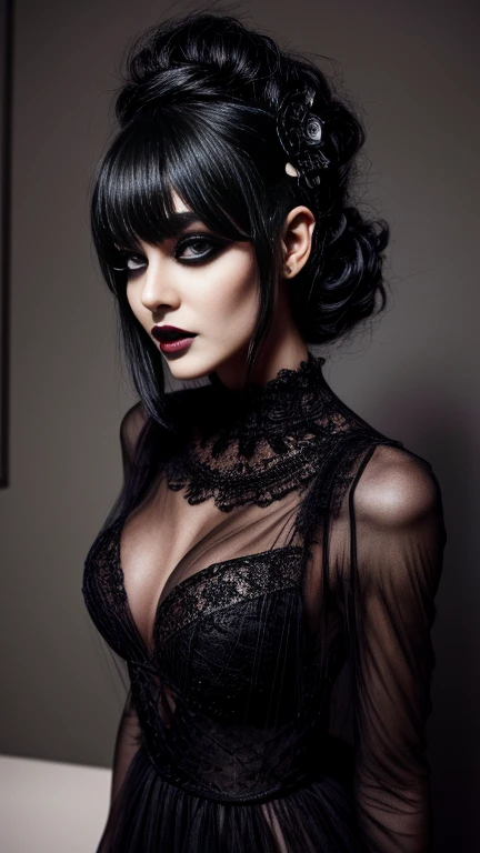 goth girl, I look at the viewer, sexual, slender body, black lace gown, tulle, All-black lips, Drawing the eyes, tuxedo eyes, long fluffy eyelashes, styled by Isao Andrews