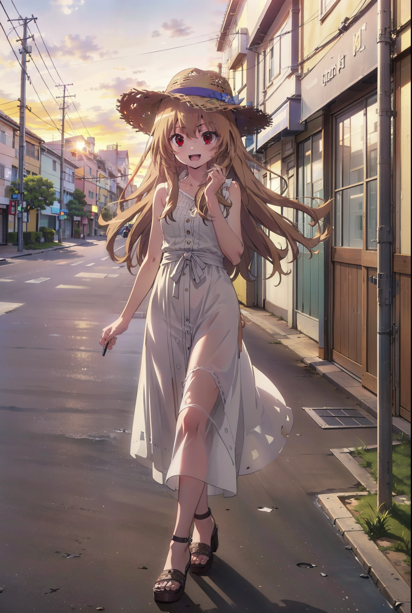 Aisaka Taiga, Aisaka Taiga, Long Hair, Brown Hair, Brown eyes,happy smile,smile, Open your mouth,Straw hat,White sleeveless dress,Long skirt,Heeled Sandals,evening,sunset,The sun is setting,whole bodyがイラストに入るように,Walking,　　　　　　　　　　　　  　　　　　break looking at viewer, whole body,　　　　　
break outdoors,Coastal Road,In town,
break (masterpiece:1.2), Highest quality, High resolution, unity 8k wallpaper, (shape:0.8), (Beautiful attention to detail:1.6), Highly detailed face, Perfect lighting, Extremely detailed CG, (Perfect hands, Perfect Anatomy),