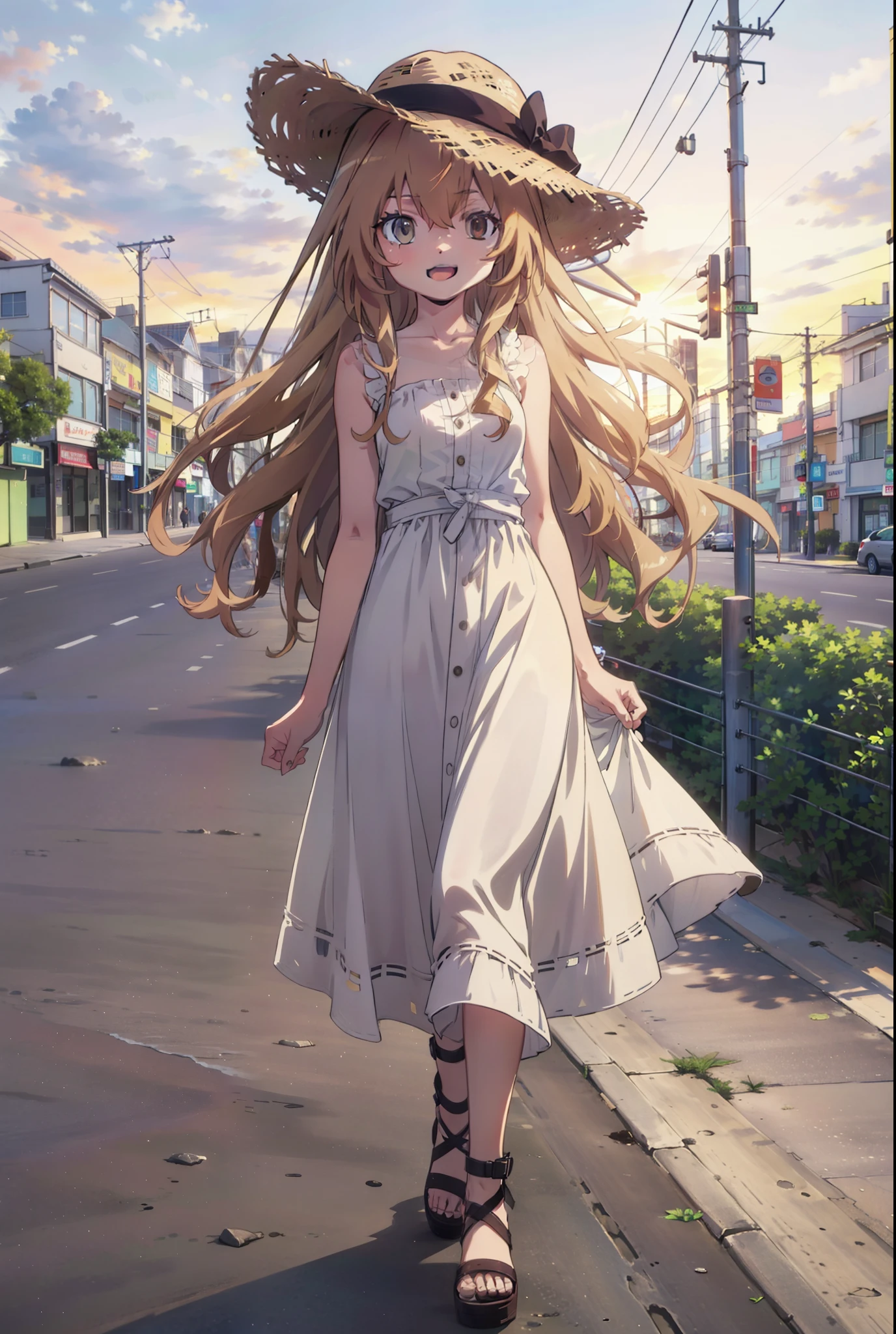 Aisaka Taiga, Aisaka Taiga, Long Hair, Brown Hair, Brown eyes,happy smile,smile, Open your mouth,Straw hat,White sleeveless dress,Long skirt,Heeled Sandals,evening,sunset,The sun is setting,whole bodyがイラストに入るように,Walking, break looking at viewer, whole body,
break outdoors,Coastal Road,In town,
break (masterpiece:1.2), Highest quality, High resolution, unity 8k wallpaper, (shape:0.8), (Beautiful attention to detail:1.6), Highly detailed face, Perfect lighting, Extremely detailed CG, (Perfect hands, Perfect Anatomy),
