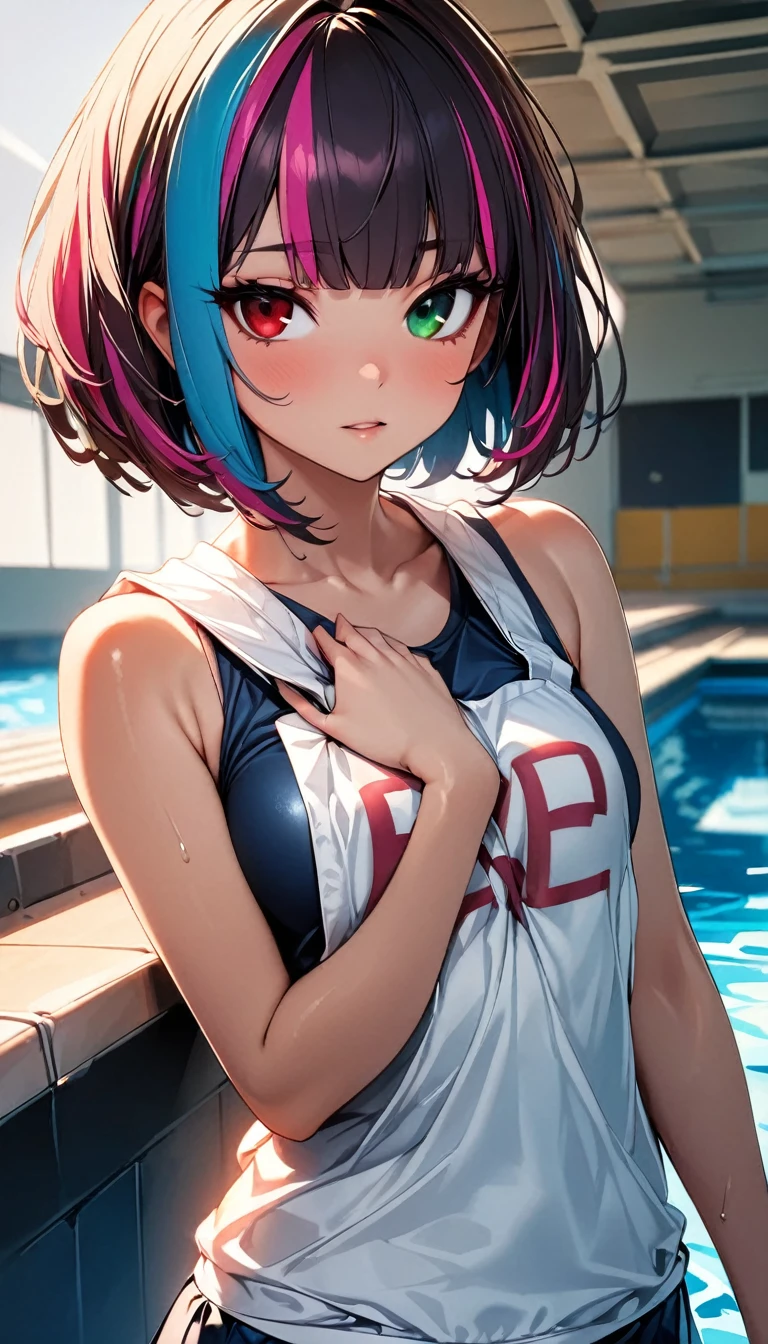 (highest quality:1.2, Very detailed, up to date, Vibrant, Ultra-high resolution, High Contrast, masterpiece:1.2, highest quality, Best aesthetics), Portraiture、girl、solo, (25-years-old:1), slim, , heterrochromia, green eye, red eye, Bright colors、Beautiful fine details、Beautiful lip detail、extra short hair, ((bob cut:1.5))、pink and purple, ((streaked hair:1.9)), (highlights hair: 1.6), (small breast:0.4), (wearing school swimsuit, (She has a white bib with her name "MIKU" written in large letters on her chest.)), swimming, outdoor school pool, (cowboy shot:1.8),