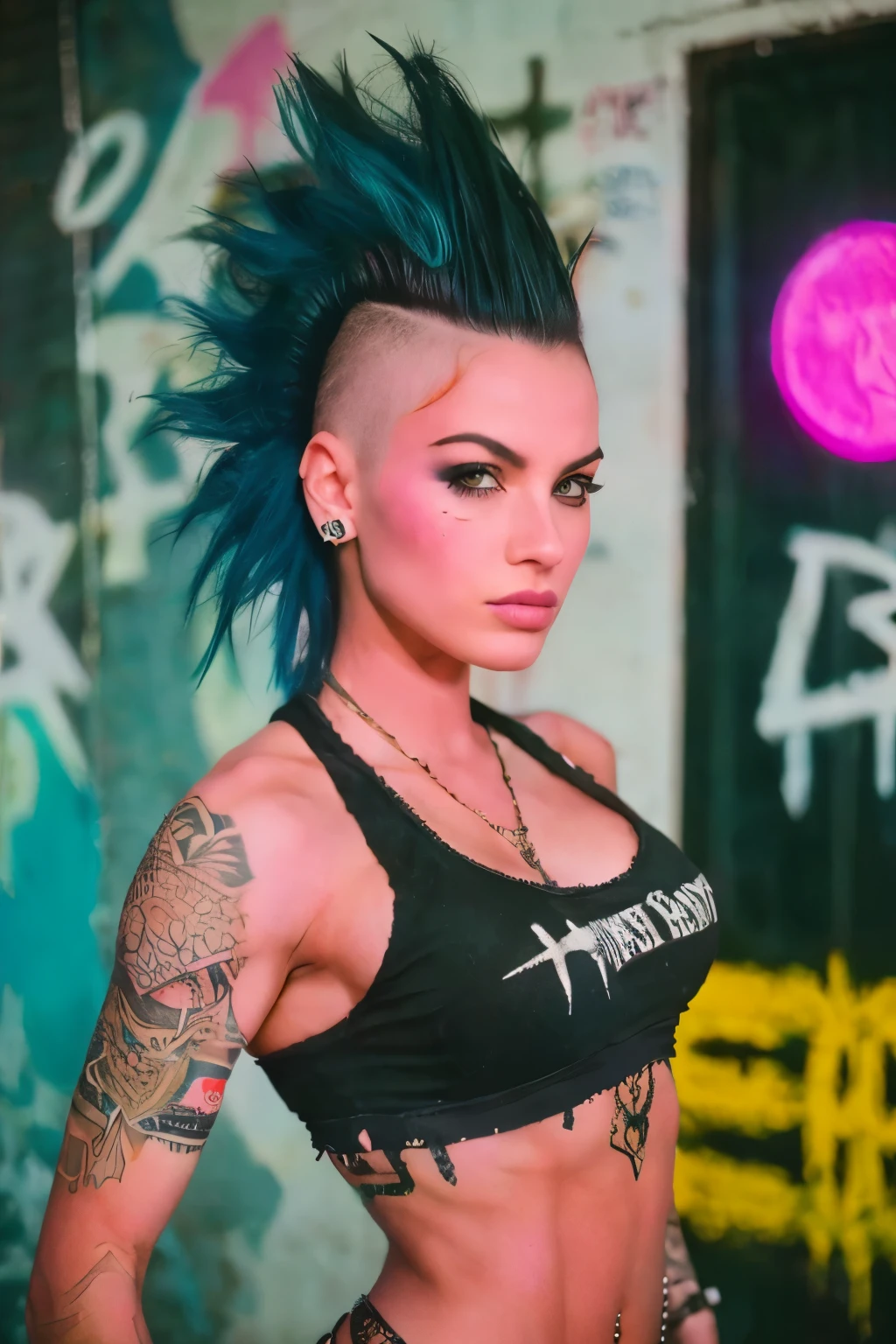 Photorealistic, ultra-detailed, ((Rocker punk girl, spiky mohawk hair)) girl, hot Body Brazilian Girl V.IT:1.4, ABS, tattoo, portrait photo, grunge, side viewer, Solo, dimly lit room, edgy urban scene with graffiti, dark and moody, late evening, city lights flashing, neon lighting The essence of rock and roll, fringe hair, 18 years old, assertive, confident expression, showcasing multiple piercings, blurry background, Crystal clear eyes gleaming with passion, analogue style, grunge texture, Best contrast, industrial, Instagram LUT, Professional, 4k, electrifying gaze, shot on Nikon, 50mm, shallow depth of field, ((Abandoned Graffiti Wall Background, cinematic lighting )).