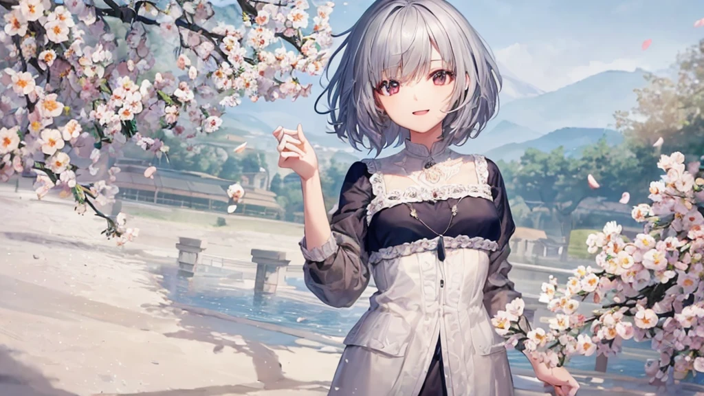 Ultra HD,Look at the viewers, Put your hands behind your back, With a girl, 20-year-old, 非常にShort Hair, Long bangs between the eyes, Pale blue eyes, Very detailed,(masterpiece、Highest quality),Gray Hair、Laughter、Fantastic, Silver Hair, Iris, Short hair、 Fluttering Hair、Small Face、明るいsmile、(Detailed face) ,Professional Lighting,Wonderful landscape,blue sky, sunlight,Looking down from above,Portraiture、Open your mouth、Flower Field、Her eyes were shining、Mysterious and enchanting atmosphere。With AI Painting、とてもShort Hair, Long bangs between the eyes, Very detailed,(masterpiece、Highest quality)、alone、Gray Hair、Fantasy, Silver Hair, Fantasyな風景、smile、Open your mouth、short hair、Short Hair、hairpin、black eye、Grey Eyes、Beautiful Eyes、Black Shirt、White hoodie