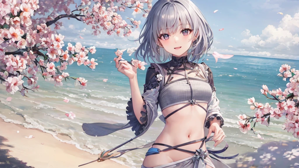 Ultra HD,Look at the viewers, Put your hands behind your back, With a girl, 20-year-old, 非常にShort Hair, Long bangs between the eyes, Pale blue eyes, Very detailed,(masterpiece、Highest quality),Gray Hair、Laughter、Fantastic, Silver Hair, Iris, Short hair、 Fluttering Hair、Small Face、明るいsmile、(Detailed face) ,Professional Lighting,Wonderful landscape,blue sky, sunlight,Looking down from above,Portraiture、Open your mouth、Flower Field、Her eyes were shining、Mysterious and enchanting atmosphere。With AI Painting、とてもShort Hair, Long bangs between the eyes, Very detailed,(masterpiece、Highest quality)、alone、Gray Hair、Fantasy, Silver Hair, Fantasyな風景、smile、Open your mouth、short hair、Short Hair、hairpin、black eye、Grey Eyes、Beautiful Eyes、Black Shirt、White hoodie