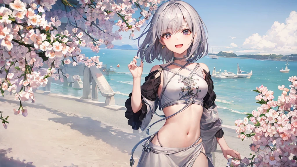 Ultra HD,Look at the viewers, Put your hands behind your back, With a girl, 20-year-old, 非常にShort Hair, Long bangs between the eyes, Pale blue eyes, Very detailed,(masterpiece、Highest quality),Gray Hair、Laughter、Fantastic, Silver Hair, Iris, Short hair、 Fluttering Hair、Small Face、明るいsmile、(Detailed face) ,Professional Lighting,Wonderful landscape,blue sky, sunlight,Looking down from above,Portraiture、Open your mouth、Flower Field、Her eyes were shining、Mysterious and enchanting atmosphere。With AI Painting、とてもShort Hair, Long bangs between the eyes, Very detailed,(masterpiece、Highest quality)、alone、Gray Hair、Fantasy, Silver Hair, Fantasyな風景、smile、Open your mouth、short hair、Short Hair、hairpin、black eye、Grey Eyes、Beautiful Eyes、Black Shirt、White hoodie