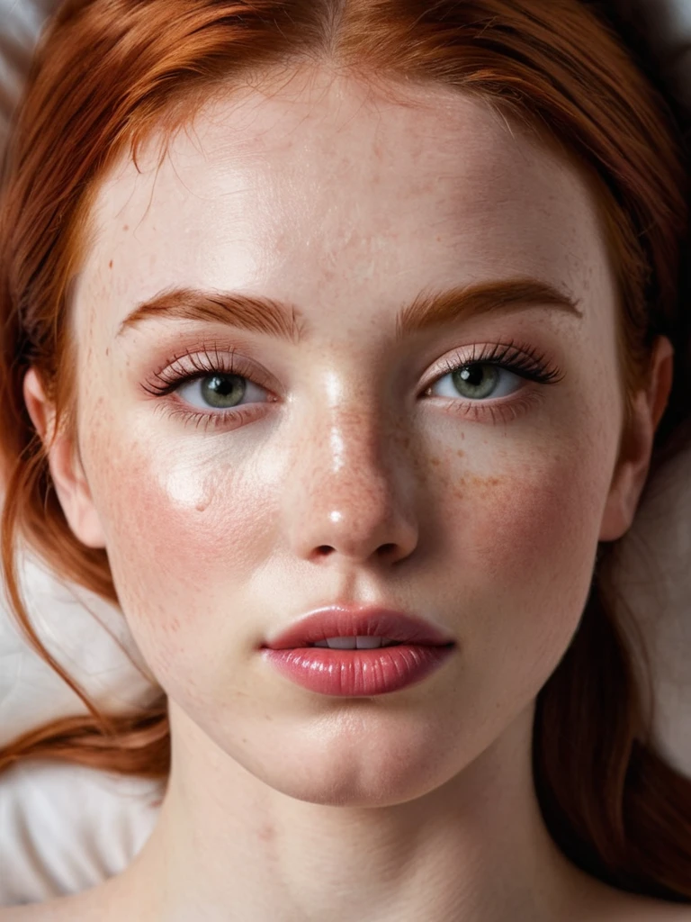 18 year old Irish student.,Full body photo,from below,in bed,fit,,ABS,v lines,ginger,freckled skin,athletic, Hyperrealistic art film photography in the style of a detailed hyperrealism photoshoot.,raw,Portra 400 Color Graduated Film,color notable,realistic and dull skin noise,Comprehensive,analog style,Of the highest quality,skin pores,sharp focus,Speckled lighting,film grain,photographed with a Sony A7R IV,18mm F/1.7 cinema lenses,(Very detailed, intricately detailed),8k,HdR,, full body photography,Full length portrait, full body visible, from a distance, a close-up of a woman with pink lips and reddish hair, beautiful realistic face, photobeautiful realistic face, beautiful realistic face, hyperbeautiful realistic face, Realistic perfect face, Perfect face model, Realistic and defined face, beauty woman with detailed faces, realistic female faces, beautiful and realistic face, beautiful and realistic faces, perfect face and realistic shading, unique and realistic face, High resolution symmetrical images.