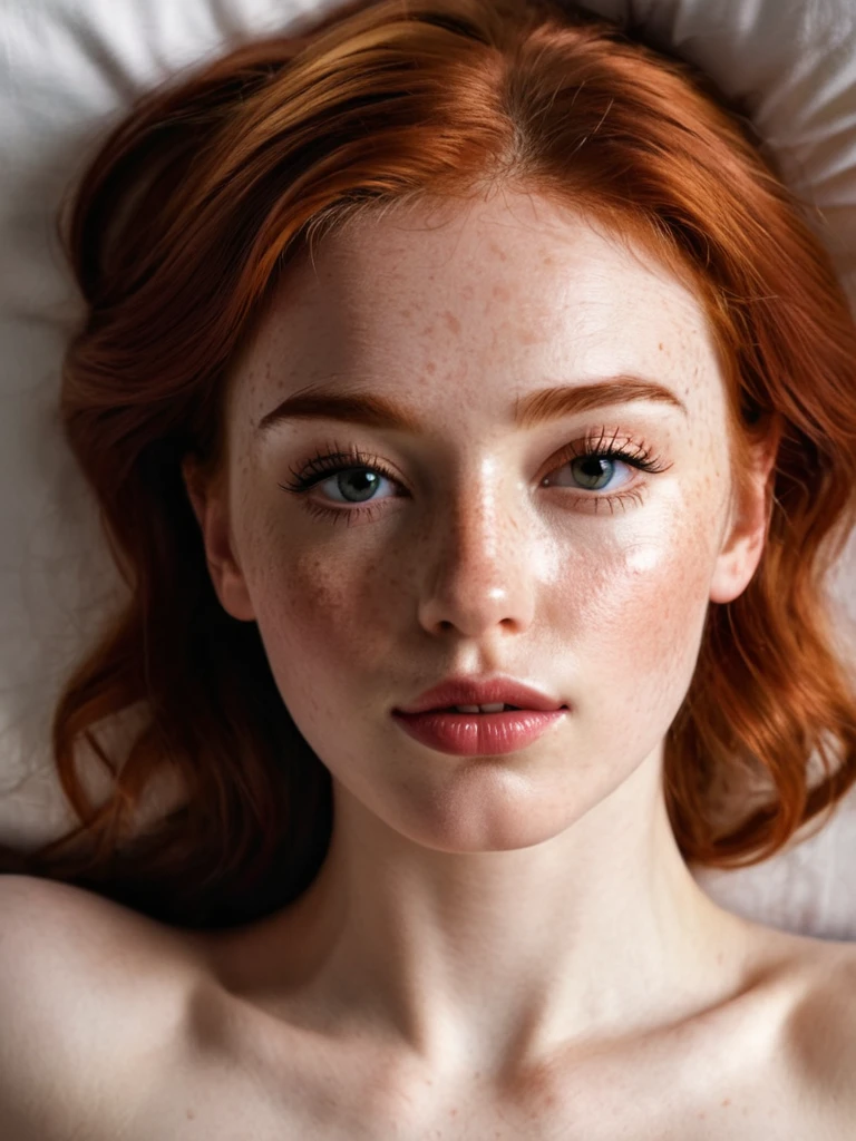 18 year old Irish student.,Full body photo,from below,in bed,fit,,ABS,v lines,ginger,freckled skin,athletic, Hyperrealistic art film photography in the style of a detailed hyperrealism photoshoot.,raw,Portra 400 Color Graduated Film,color notable,realistic and dull skin noise,Comprehensive,analog style,Of the highest quality,skin pores,sharp focus,Speckled lighting,film grain,photographed with a Sony A7R IV,18mm F/1.7 cinema lenses,(Very detailed, intricately detailed),8k,HdR,, full body photography,Full length portrait, full body visible, from a distance, a close-up of a woman with pink lips and reddish hair, beautiful realistic face, photobeautiful realistic face, beautiful realistic face, hyperbeautiful realistic face, Realistic perfect face, Perfect face model, Realistic and defined face, beauty woman with detailed faces, realistic female faces, beautiful and realistic face, beautiful and realistic faces, perfect face and realistic shading, unique and realistic face, High resolution symmetrical images.