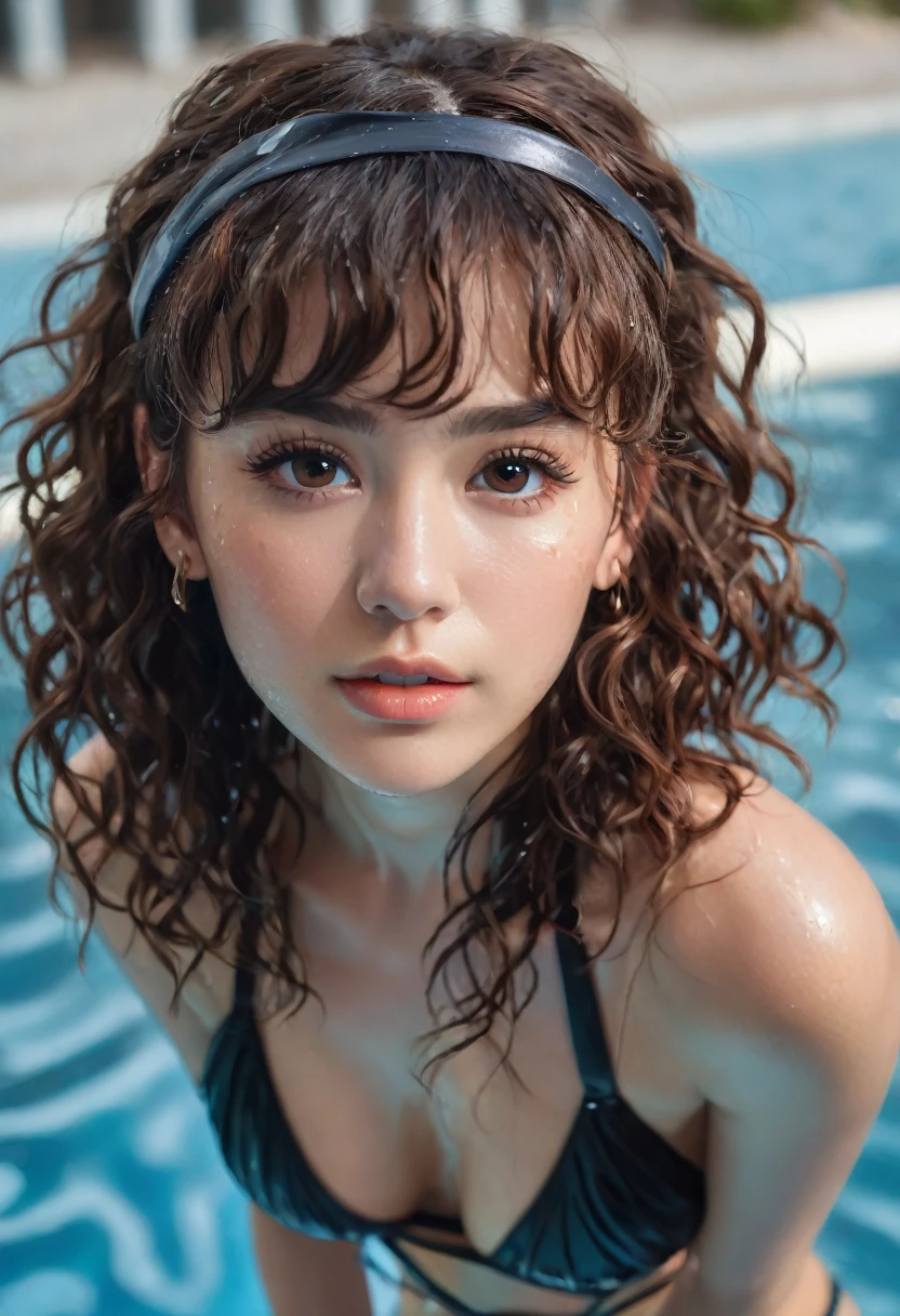 (best quality, 4k, highres, highres face details),18 yrs old, 1girl, solo, athletic figure, modest bust size, tan skin, hoop earrings, perfect nose, perfect lips, fake lashes, deep cleavage, pretty face, cute face, wearing a two piece black bikini, soaking wet, wet hair, wet body, water dripping off hair and body, brown hair, short curly hair, crossed bangs, brown eyes, constricted pupils, hair ribbon, hoop earrings, cinematic lighting, Ultra-Wide Angle, Canon, Hyperrealism, UHD, masterpiece, textured skin, high details, best quality, detailed eyes, detailed iris, realistic water texture, whole body photo, posing for the camera