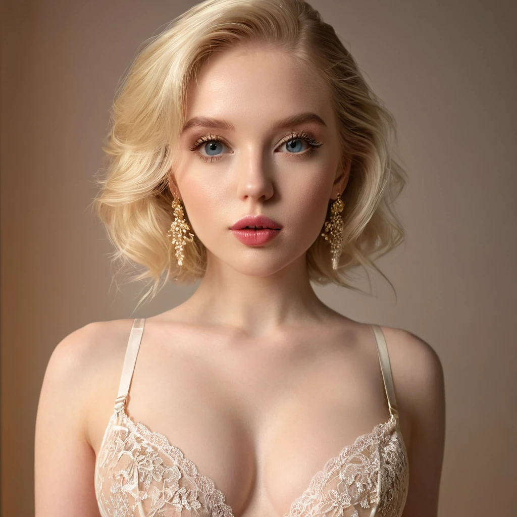 beautiful detailed eyes, beautiful detailed lips, extremely detailed eyes and face, long eyelashes, 1woman, pale skinned, sexy pale blonde woman, wearing lingerie, no bra, full body shot, standing pose, highly detailed, photorealistic, 8k, ultra-detailed, (realistic:1.4), (masterpiece:1.2), (best quality:1.4), (8k:1.2), portrait, studio lighting, dramatic lighting, volumetric lighting, soft lighting, warm colors, golden hour, glamour, fashion, elegant, alluring, enticing