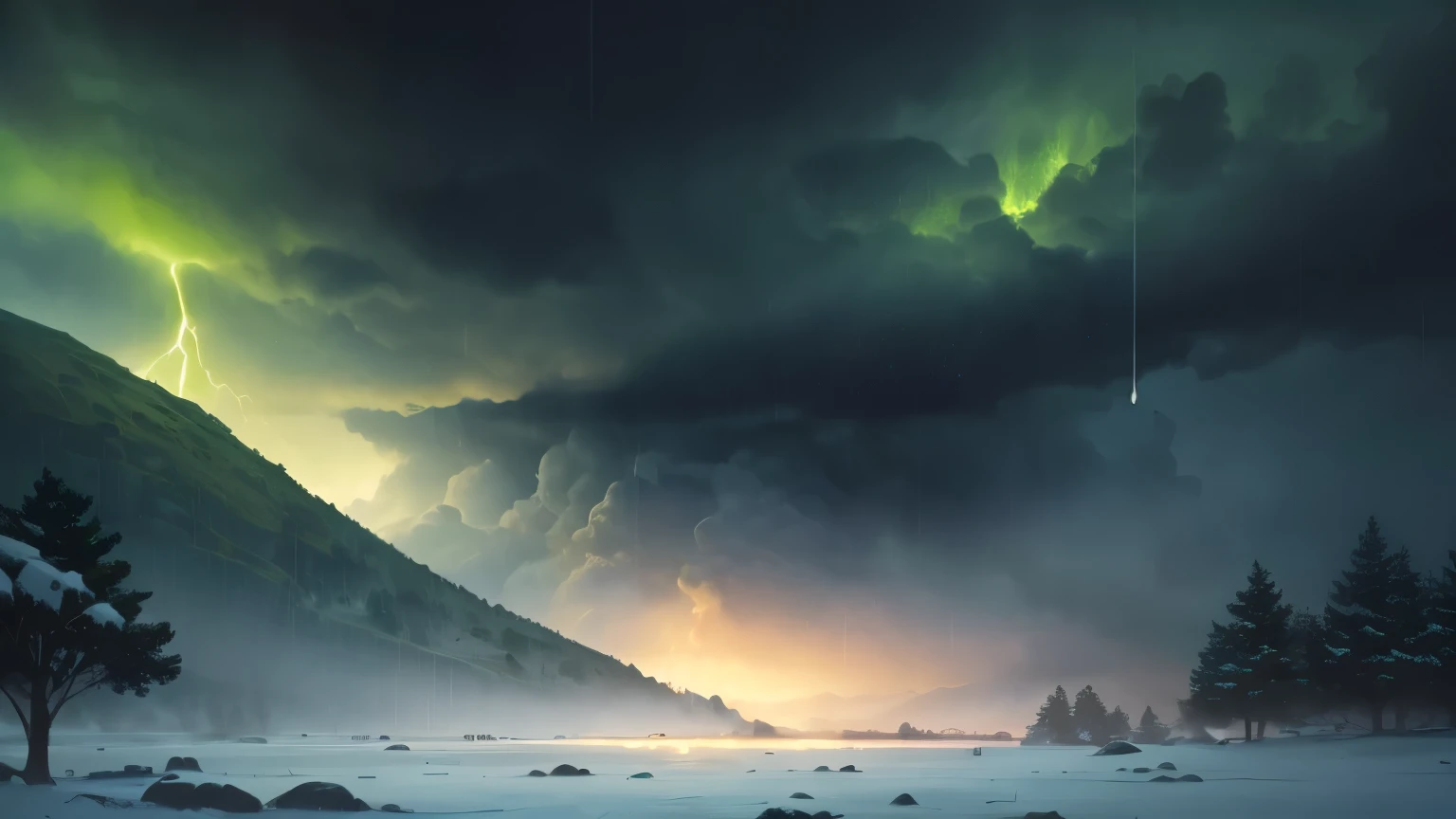 ((best quality)), ((masterpiece)), (detailed), A digital illustration of a dark stormy sky with large, glowing green giant raindrops falling from it with snow background