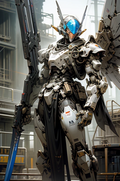 Robot,droid,MECA,Blue Wings,stylish,Knight helm,human_no,giant size,realistic,masterpiece,best quality,super detailed,(holding weapon:1.3)